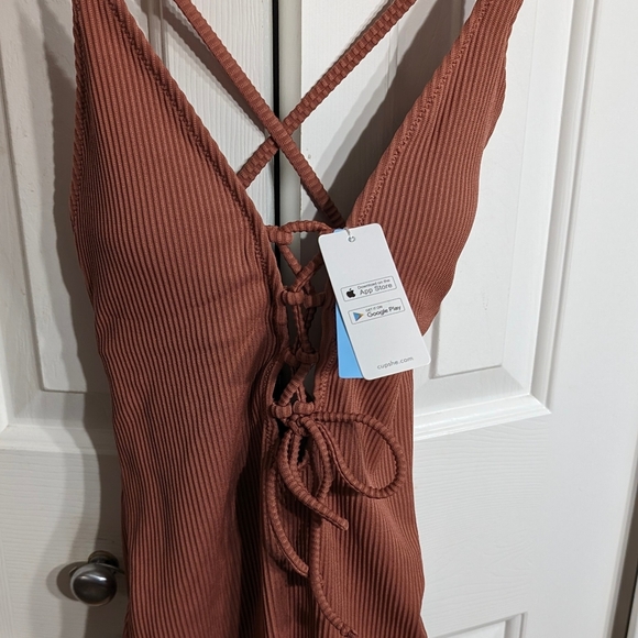 Womens One Piece Swimsuit Tan Cupshe Ribbed Padded - Picture 7 of 12